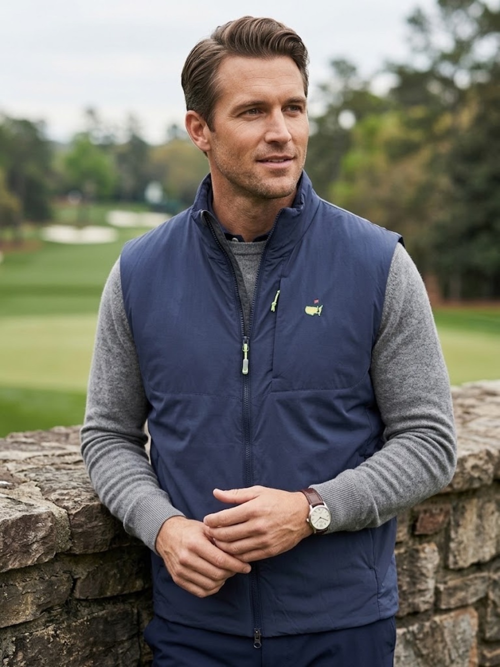 Men's Peter Millar Crown Sport Navy Blue Augusta National Zip Up Vest Size LARGE